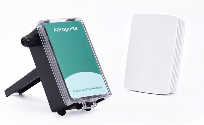 Aeropulse B2B air quality hardware, featuring duct transmitter and ambient room sensor.