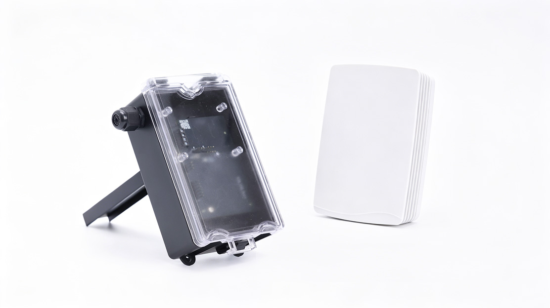 Aeropulse commercial IAQ hardware, featuring duct mount and wall mount air quality sensors.