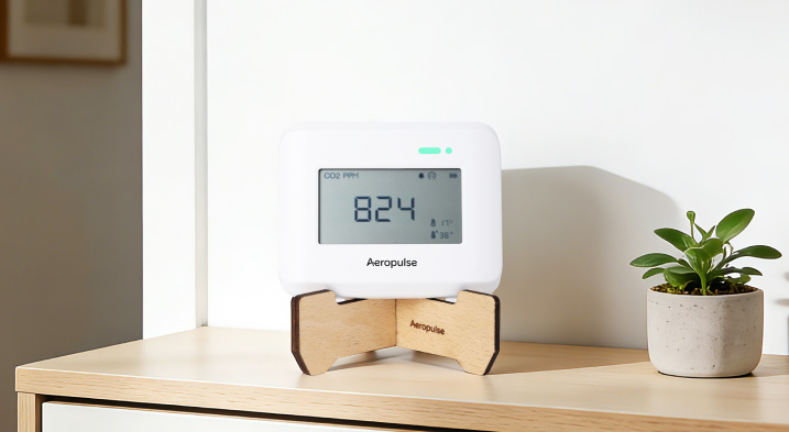 Aeropulse indoor air quality monitor displayed in a commercial building environment with customer testimonial for smart building air monitoring.